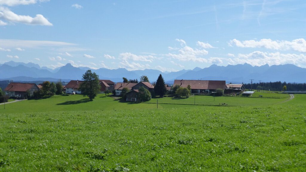 allgäu, mountains, village, meadow, sun, nature, panorama, outlook
